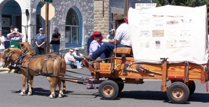 A small horse pulling a wooden cart with people in a street parade.