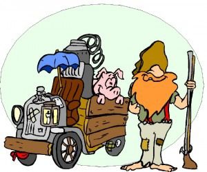 A caveman with a primitive vehicle carrying animals.