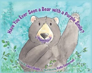 Bear with a purple smile and plants.