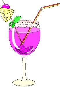 A vibrant purple cocktail with a straw and garnished with a lemon slice and leaf.