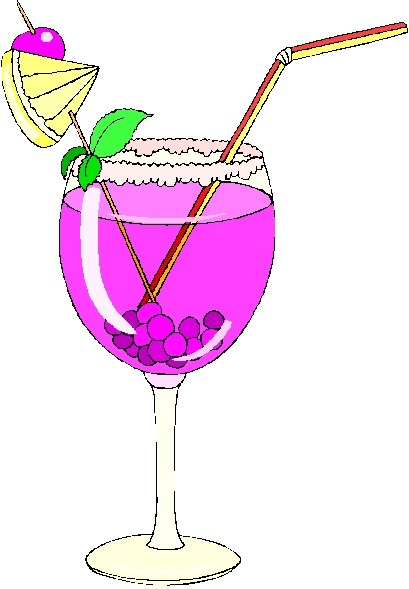 A vibrant purple cocktail with a straw and garnished with a lemon slice and leaf.