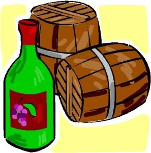 A green wine bottle and two wooden barrels on a yellow background.