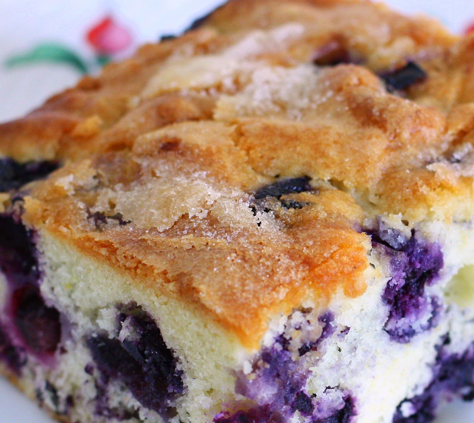 A moist blueberry cake slice with a golden sugar crust.