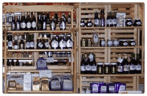 Shelves stocked with various gourmet food products.