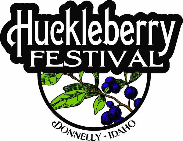 Logo for the Huckleberry Festival in Donnelly, Idaho with huckleberries and leaves.