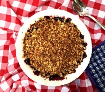 A freshly baked fruit crumble on a red checkered cloth.