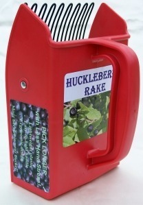 Red huckleberry rake with black tines.