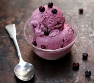 A bowl of creamy blueberry ice cream with fresh blueberries on top.