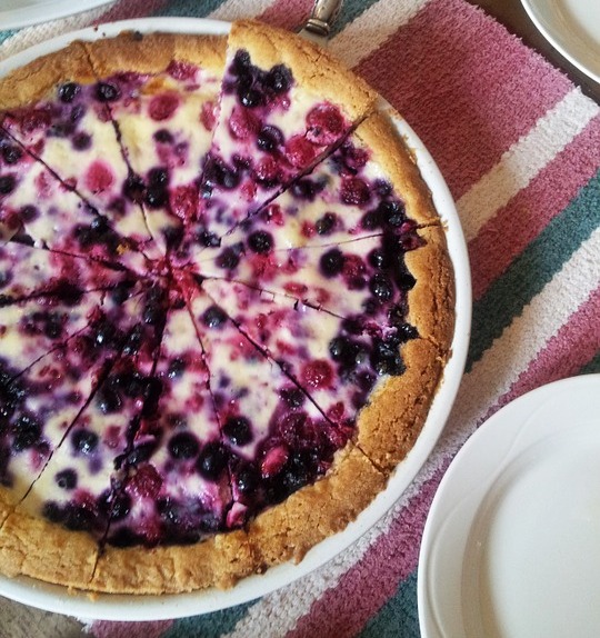 A freshly baked berry tart with a golden crust and creamy filling.