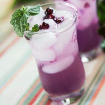 A refreshing purple drink with ice and mint garnish.