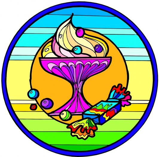 Colorful stained glass dessert scene with ice cream and candy.