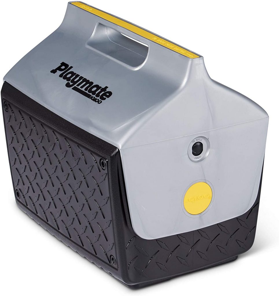A compact gray and black Playmate cooler with a yellow button.
