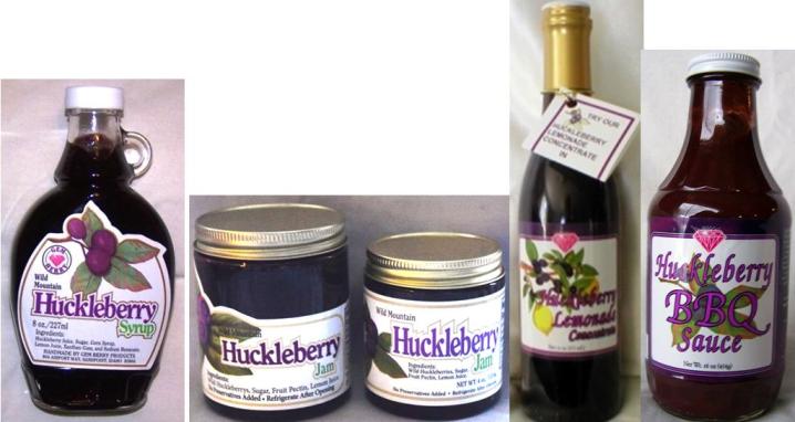 Huckleberry products: syrup, jam, marinade, BBQ sauce.