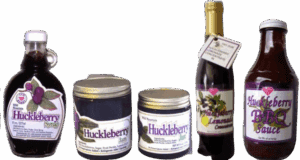 Huckleberry syrup, jam, and BBQ sauce bottles.