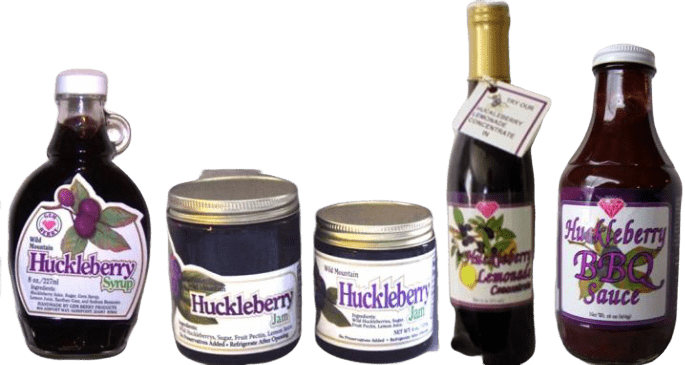 Huckleberry syrup, jam, and BBQ sauce bottles.