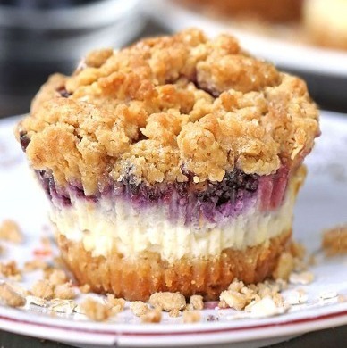 A crumb-topped blueberry cheesecake dessert on a plate.