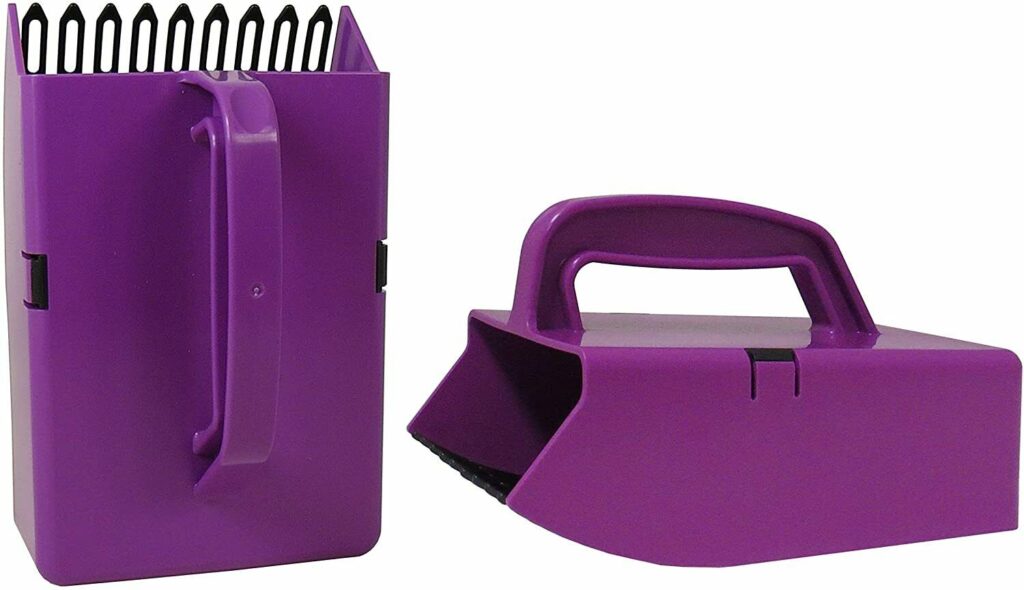 Purple handheld manual bag sealer with a handle and clamp design.